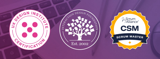 Image showing Interaction Design Foundation membership logo, Scrum verification badge and UX Design certification stamp